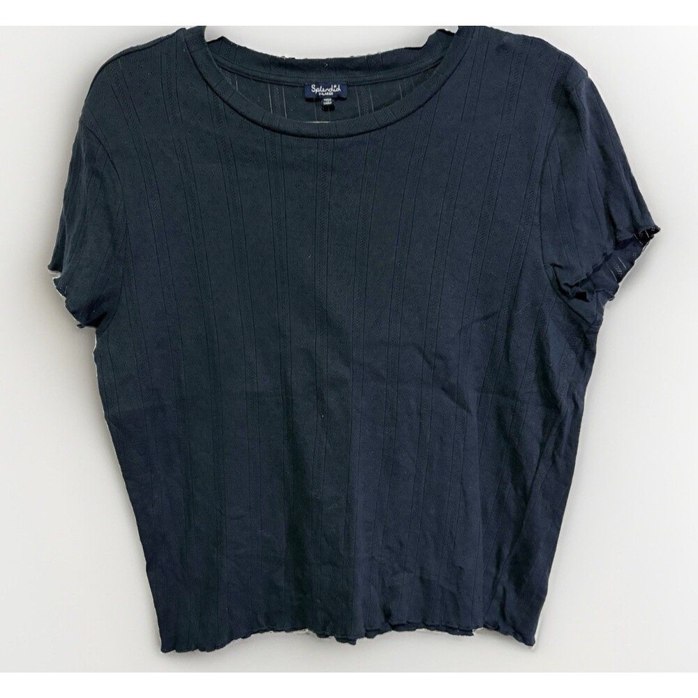 Splendid Blue Como Pointelle Cotton T-shirt XL Lettuce Hem Crew Neck Baby Tee